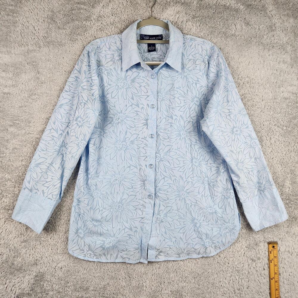 Vintage Susan Graver Shirt Womens Small Blue Floral All Over Top Summer Boho Y2k